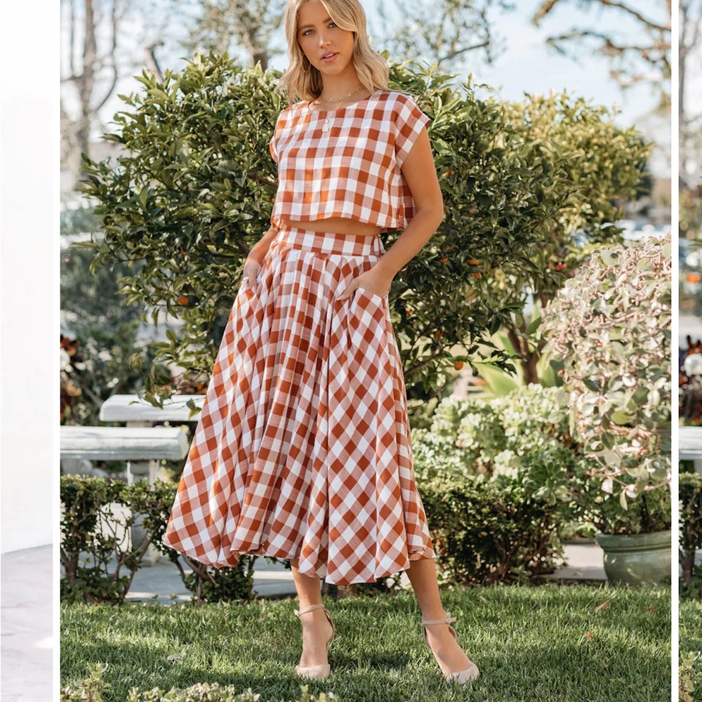 BRAND NEW NEVER WORN Athina Cotton Blend Gingham Crop Top and Pleated Midi Skirt